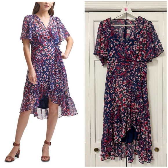 Calvin Klein Flutter Sleeve Floral Print Asymmetrical Hem MIDI Dress 4 Fairycore - Picture 1 of 15